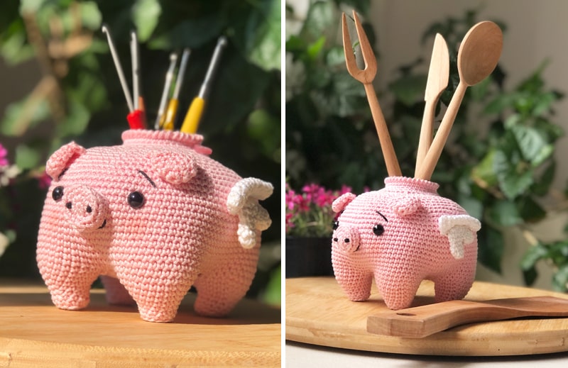 Crochet Piggy Bank serving as a crochet hook and cooking spoon holder