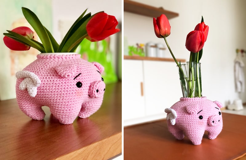 Crochet Piggy Bank serving as a vase