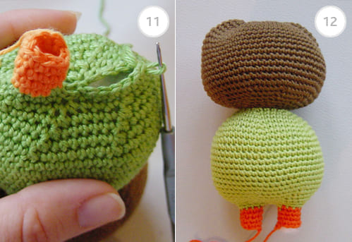 Free crochet owl pattern on the left, attaching new yarn to begin making the leg; on the right, the completed head, body, and legs of the amigurumi owl.