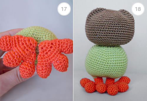 Crocheting an owl: on the left, finished toes; on the right, the completed head, body, legs, and toes of the amigurumi owl.