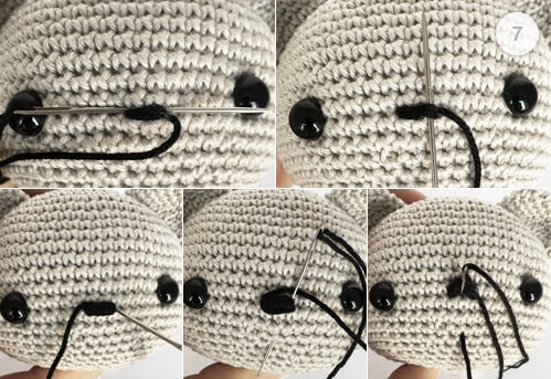 Embroidering nose for amigurumi teddy bear.